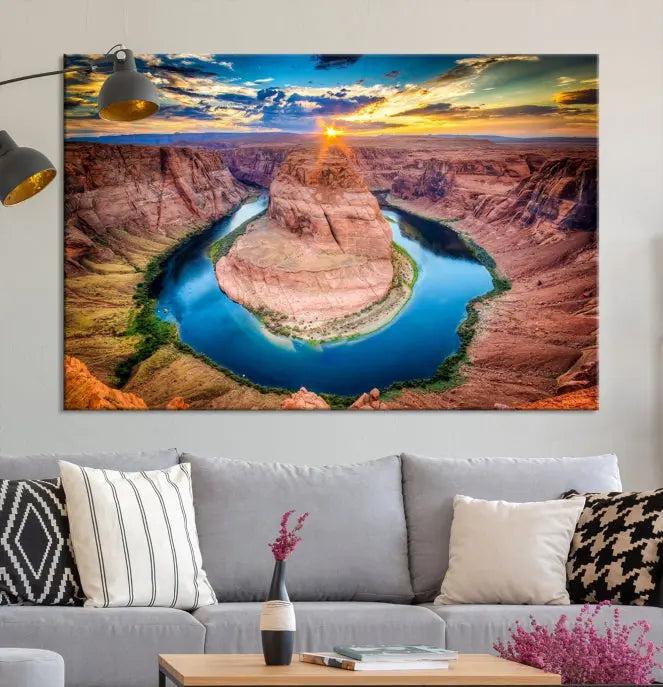 The Grand Canyon Wall Art Canvas Print, a triptych depicting Horseshoe Bend at sunset, adorns the wall.