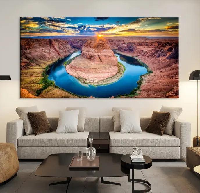 The Grand Canyon Wall Art Canvas Print, a triptych depicting Horseshoe Bend at sunset, adorns the wall.