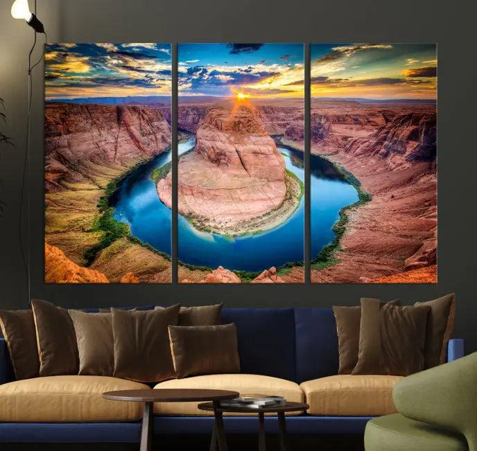 The Grand Canyon Wall Art Canvas Print, a triptych depicting Horseshoe Bend at sunset, adorns the wall.