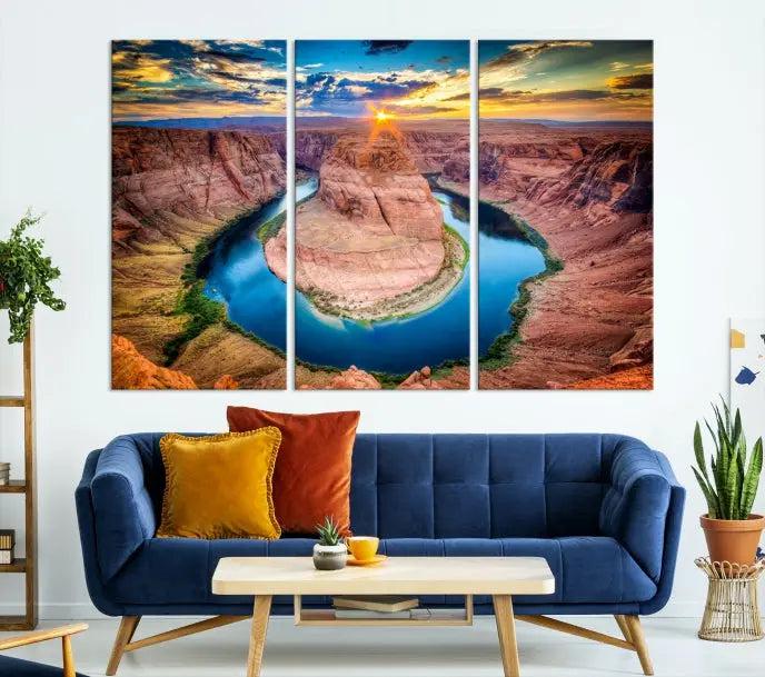 The Grand Canyon Wall Art Canvas Print, a triptych depicting Horseshoe Bend at sunset, adorns the wall.