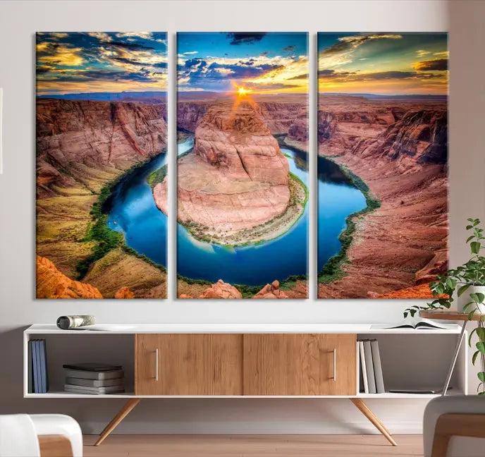 The Grand Canyon Wall Art Canvas Print, a triptych depicting Horseshoe Bend at sunset, adorns the wall.