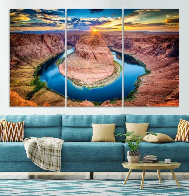 The Grand Canyon Wall Art Canvas Print, a triptych depicting Horseshoe Bend at sunset, adorns the wall.