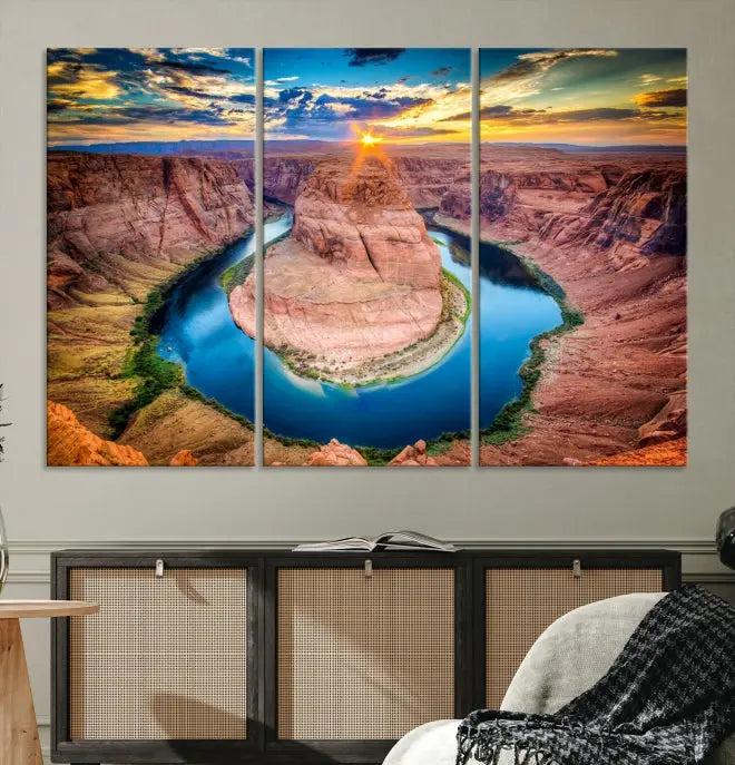 The Grand Canyon Wall Art Canvas Print, a triptych depicting Horseshoe Bend at sunset, adorns the wall.