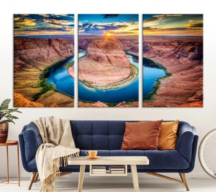 The Grand Canyon Wall Art Canvas Print, a triptych depicting Horseshoe Bend at sunset, adorns the wall.