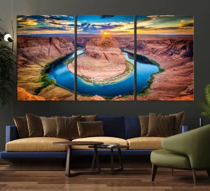 The Grand Canyon Wall Art Canvas Print, a triptych depicting Horseshoe Bend at sunset, adorns the wall.