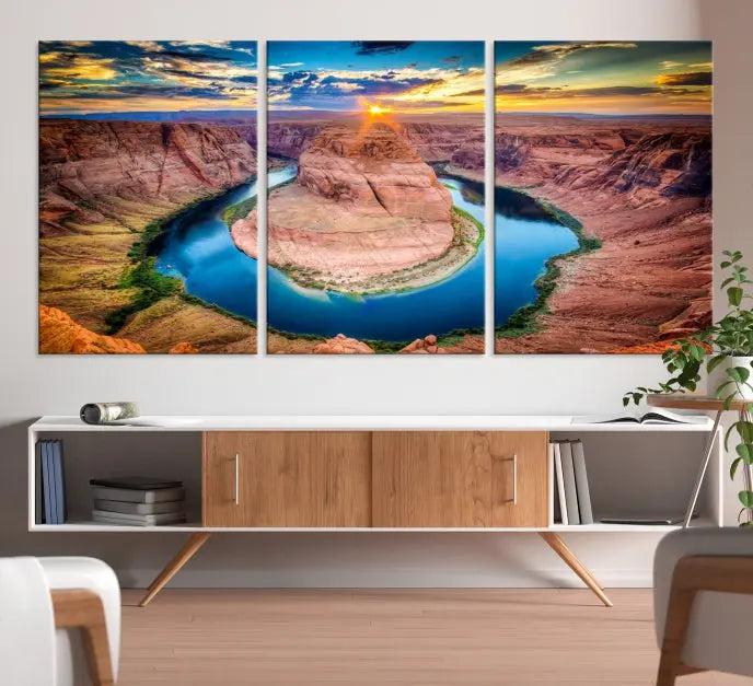 The Grand Canyon Wall Art Canvas Print, a triptych depicting Horseshoe Bend at sunset, adorns the wall.