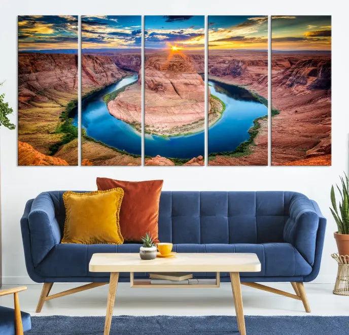 The Grand Canyon Wall Art Canvas Print, a triptych depicting Horseshoe Bend at sunset, adorns the wall.