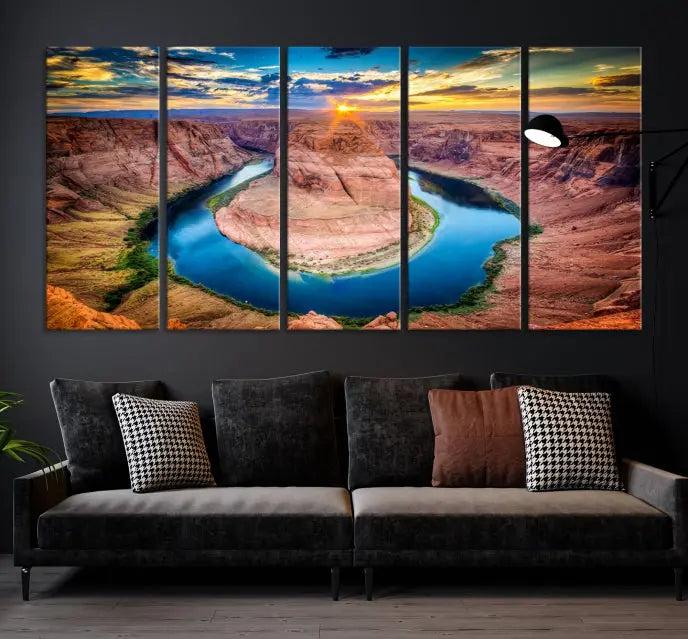 The Grand Canyon Wall Art Canvas Print, a triptych depicting Horseshoe Bend at sunset, adorns the wall.