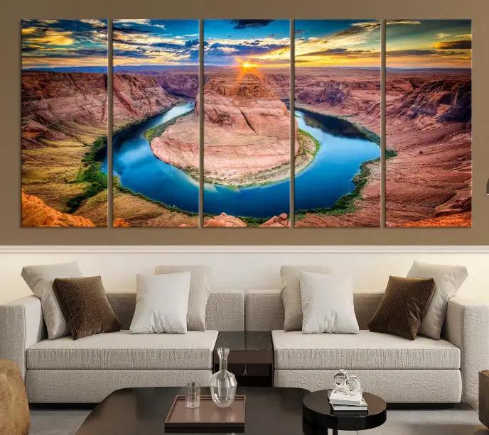 The Grand Canyon Wall Art Canvas Print, a triptych depicting Horseshoe Bend at sunset, adorns the wall.