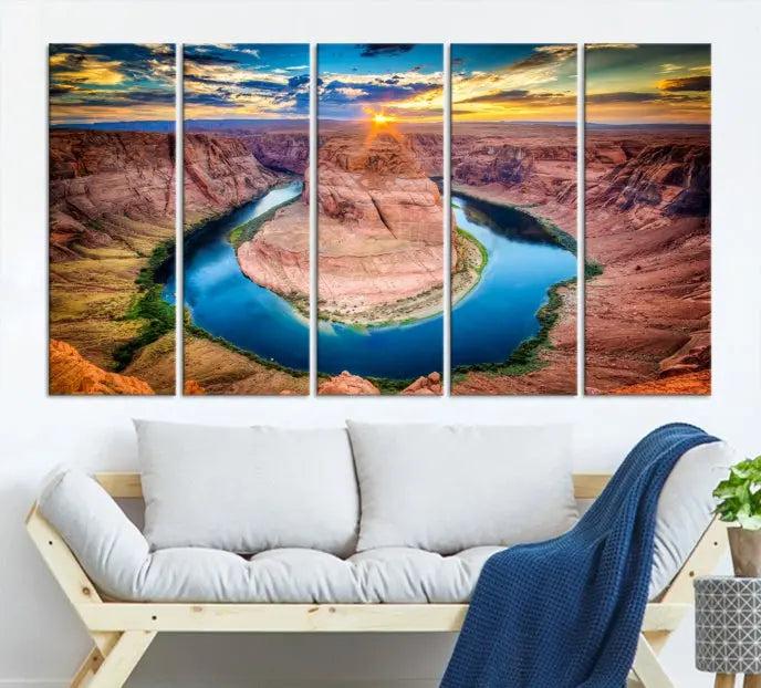 The Grand Canyon Wall Art Canvas Print, a triptych depicting Horseshoe Bend at sunset, adorns the wall.