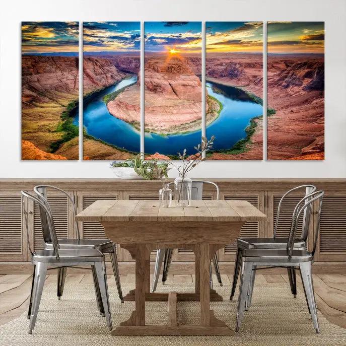 The Grand Canyon Wall Art Canvas Print, a triptych depicting Horseshoe Bend at sunset, adorns the wall.