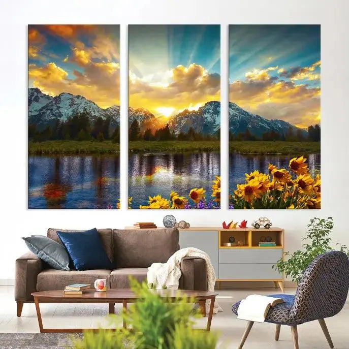 The living room showcases the Grand Teton Park Amazing Mountain Landscape Sunset Wall Art Canvas Print, presented on museum-quality canvases with a UV-protective coating.