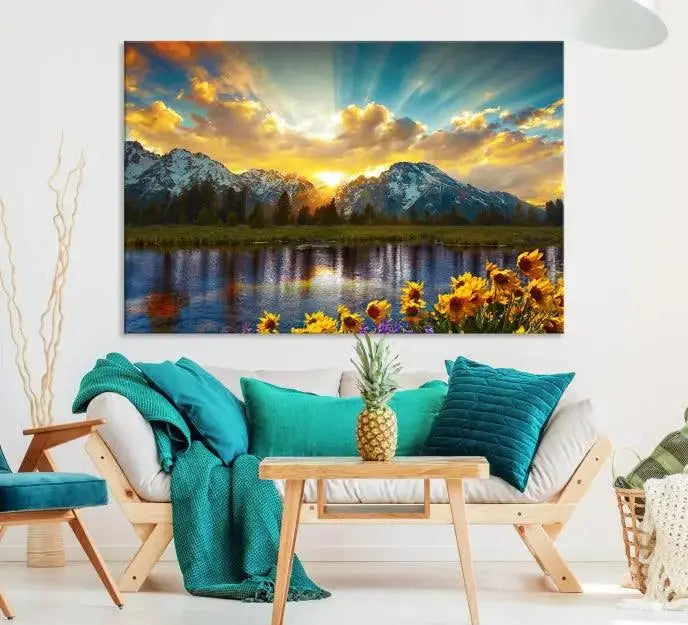 The living room showcases the Grand Teton Park Amazing Mountain Landscape Sunset Wall Art Canvas Print, presented on museum-quality canvases with a UV-protective coating.