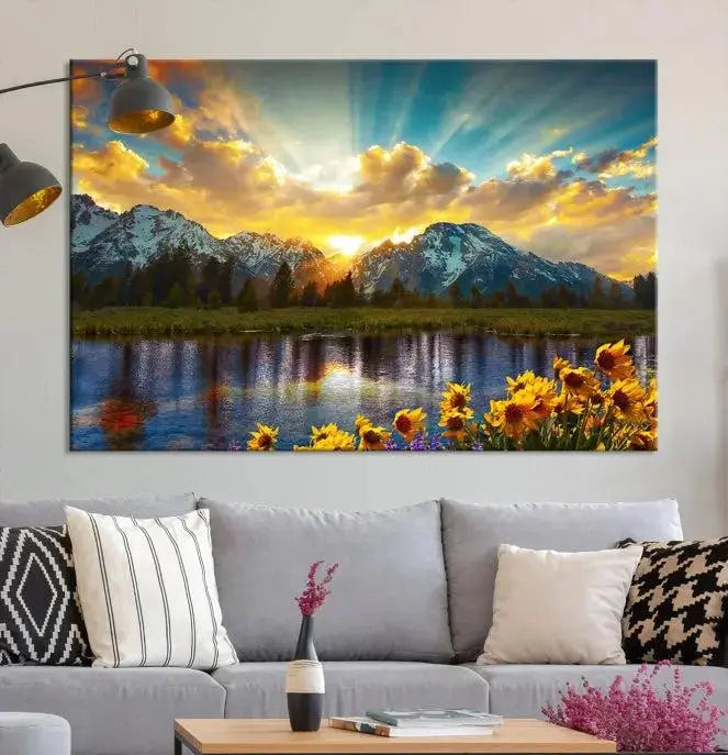 The living room showcases the Grand Teton Park Amazing Mountain Landscape Sunset Wall Art Canvas Print, presented on museum-quality canvases with a UV-protective coating.