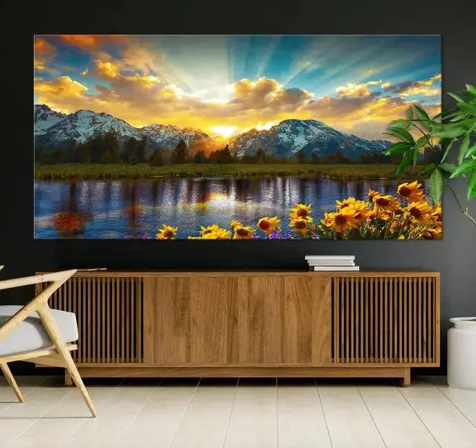 The living room showcases the Grand Teton Park Amazing Mountain Landscape Sunset Wall Art Canvas Print, presented on museum-quality canvases with a UV-protective coating.