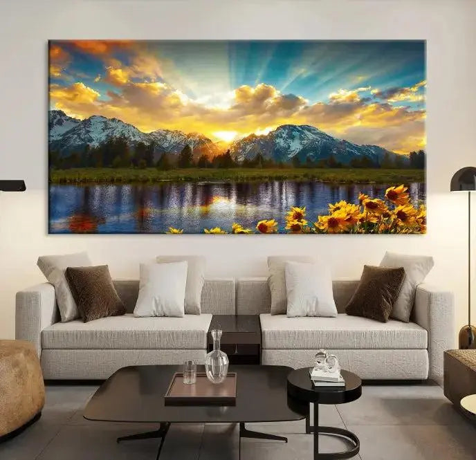 The living room showcases the Grand Teton Park Amazing Mountain Landscape Sunset Wall Art Canvas Print, presented on museum-quality canvases with a UV-protective coating.