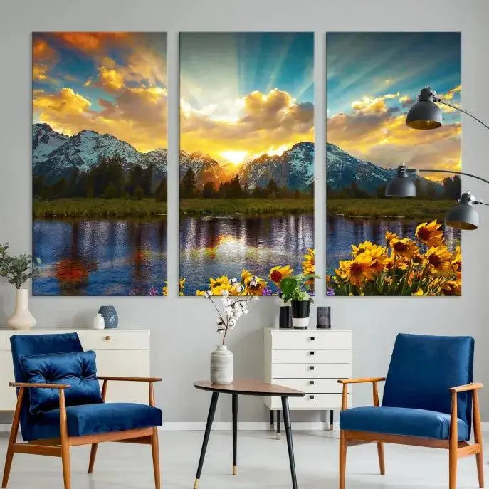 The living room showcases the Grand Teton Park Amazing Mountain Landscape Sunset Wall Art Canvas Print, presented on museum-quality canvases with a UV-protective coating.