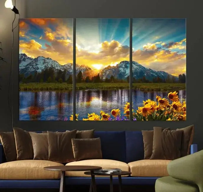 The living room showcases the Grand Teton Park Amazing Mountain Landscape Sunset Wall Art Canvas Print, presented on museum-quality canvases with a UV-protective coating.