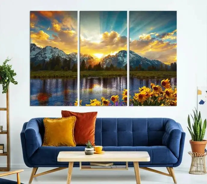 The living room showcases the Grand Teton Park Amazing Mountain Landscape Sunset Wall Art Canvas Print, presented on museum-quality canvases with a UV-protective coating.