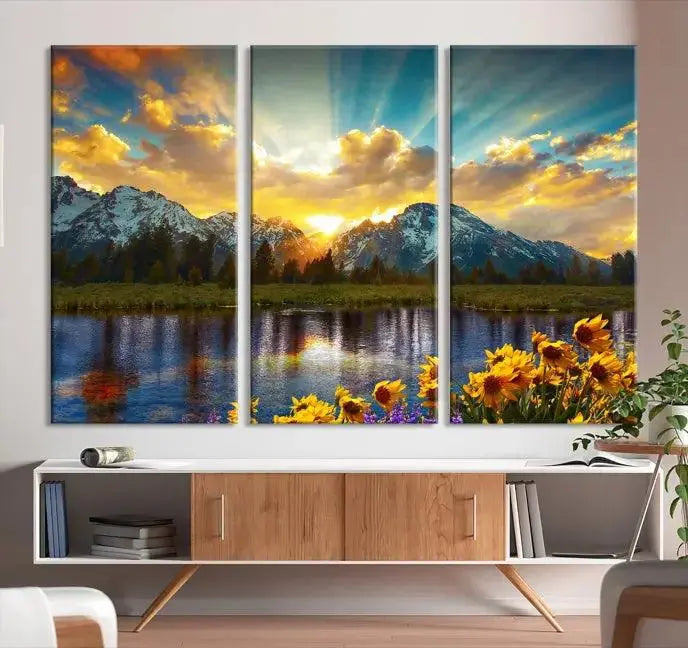 The living room showcases the Grand Teton Park Amazing Mountain Landscape Sunset Wall Art Canvas Print, presented on museum-quality canvases with a UV-protective coating.