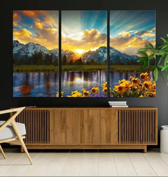 The living room showcases the Grand Teton Park Amazing Mountain Landscape Sunset Wall Art Canvas Print, presented on museum-quality canvases with a UV-protective coating.