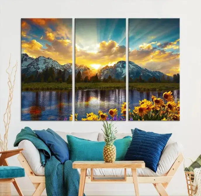 The living room showcases the Grand Teton Park Amazing Mountain Landscape Sunset Wall Art Canvas Print, presented on museum-quality canvases with a UV-protective coating.