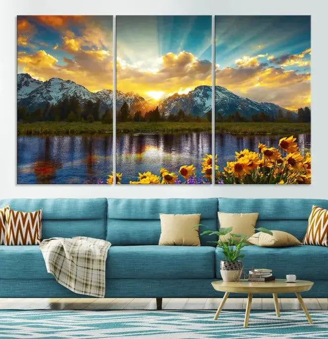 The living room showcases the Grand Teton Park Amazing Mountain Landscape Sunset Wall Art Canvas Print, presented on museum-quality canvases with a UV-protective coating.