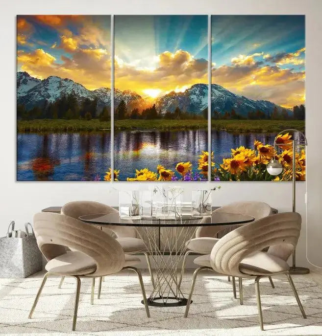 The living room showcases the Grand Teton Park Amazing Mountain Landscape Sunset Wall Art Canvas Print, presented on museum-quality canvases with a UV-protective coating.