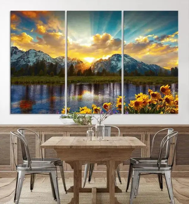 The living room showcases the Grand Teton Park Amazing Mountain Landscape Sunset Wall Art Canvas Print, presented on museum-quality canvases with a UV-protective coating.