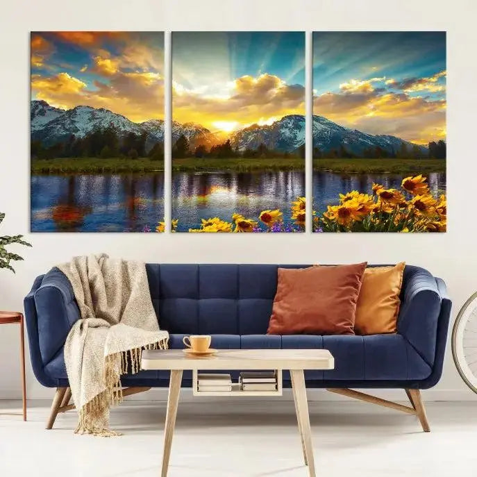 The living room showcases the Grand Teton Park Amazing Mountain Landscape Sunset Wall Art Canvas Print, presented on museum-quality canvases with a UV-protective coating.