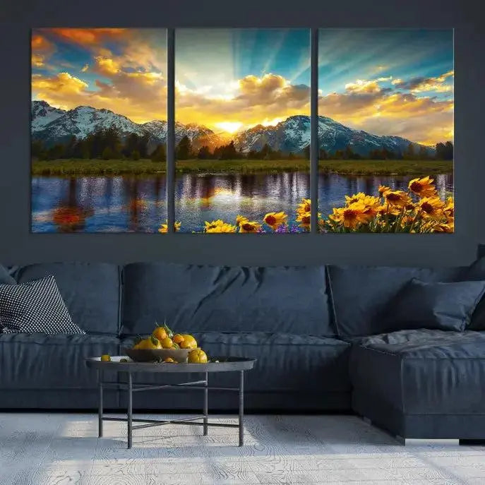 The living room showcases the Grand Teton Park Amazing Mountain Landscape Sunset Wall Art Canvas Print, presented on museum-quality canvases with a UV-protective coating.