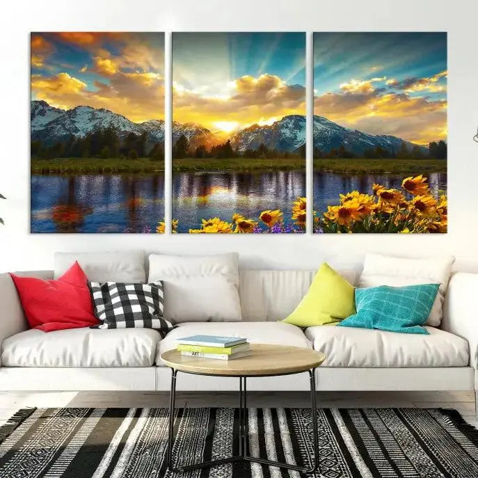 The living room showcases the Grand Teton Park Amazing Mountain Landscape Sunset Wall Art Canvas Print, presented on museum-quality canvases with a UV-protective coating.