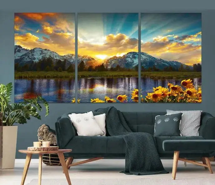 The living room showcases the Grand Teton Park Amazing Mountain Landscape Sunset Wall Art Canvas Print, presented on museum-quality canvases with a UV-protective coating.