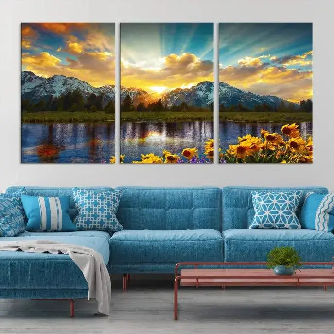 The living room showcases the Grand Teton Park Amazing Mountain Landscape Sunset Wall Art Canvas Print, presented on museum-quality canvases with a UV-protective coating.