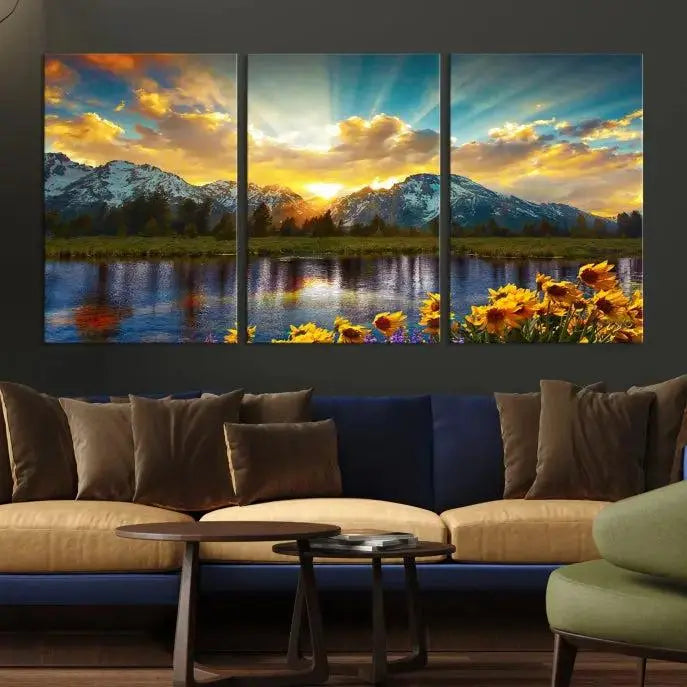 The living room showcases the Grand Teton Park Amazing Mountain Landscape Sunset Wall Art Canvas Print, presented on museum-quality canvases with a UV-protective coating.