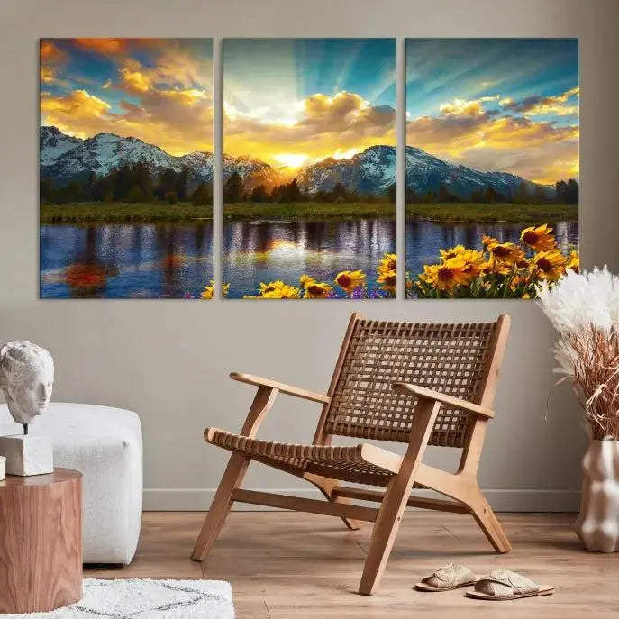 The living room showcases the Grand Teton Park Amazing Mountain Landscape Sunset Wall Art Canvas Print, presented on museum-quality canvases with a UV-protective coating.