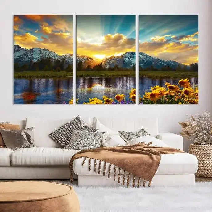 The living room showcases the Grand Teton Park Amazing Mountain Landscape Sunset Wall Art Canvas Print, presented on museum-quality canvases with a UV-protective coating.