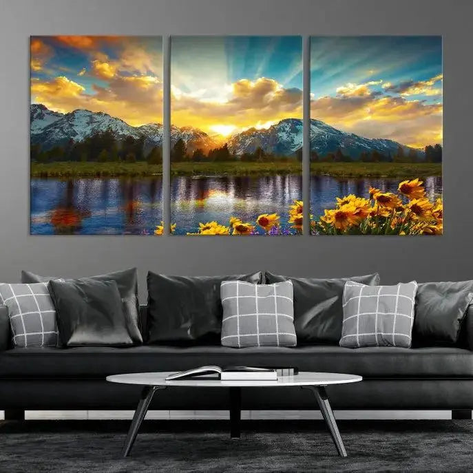 The living room showcases the Grand Teton Park Amazing Mountain Landscape Sunset Wall Art Canvas Print, presented on museum-quality canvases with a UV-protective coating.