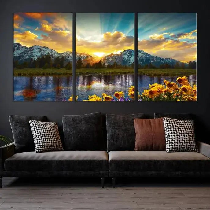 The living room showcases the Grand Teton Park Amazing Mountain Landscape Sunset Wall Art Canvas Print, presented on museum-quality canvases with a UV-protective coating.