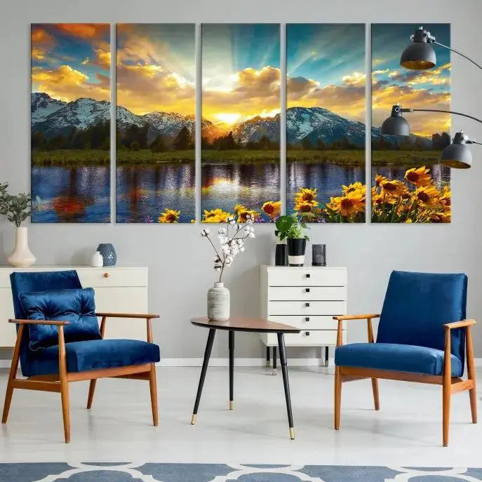 The living room showcases the Grand Teton Park Amazing Mountain Landscape Sunset Wall Art Canvas Print, presented on museum-quality canvases with a UV-protective coating.