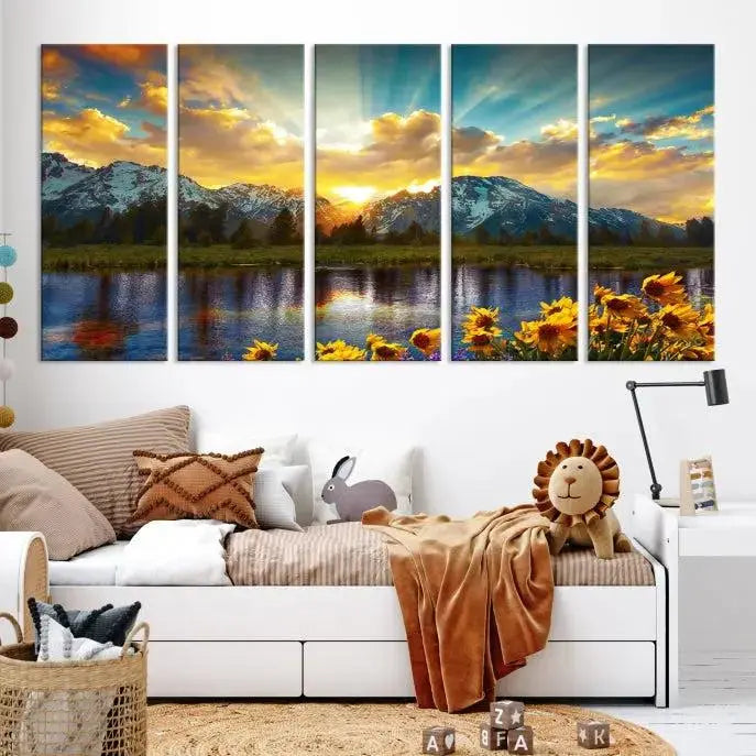 The living room showcases the Grand Teton Park Amazing Mountain Landscape Sunset Wall Art Canvas Print, presented on museum-quality canvases with a UV-protective coating.