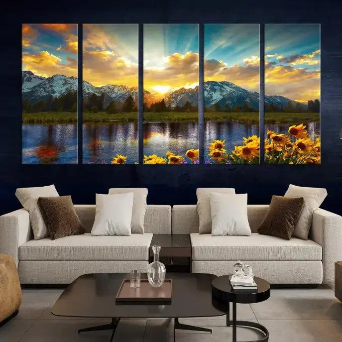 The living room showcases the Grand Teton Park Amazing Mountain Landscape Sunset Wall Art Canvas Print, presented on museum-quality canvases with a UV-protective coating.