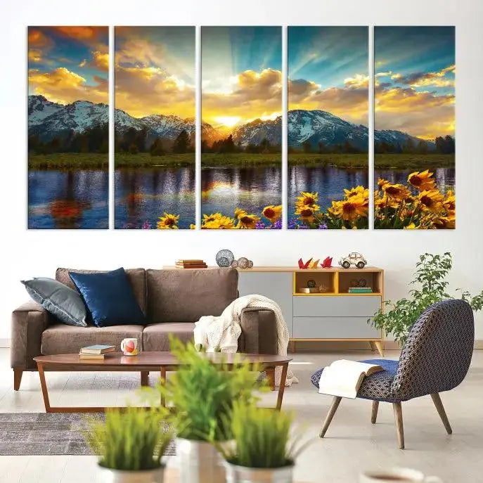 The living room showcases the Grand Teton Park Amazing Mountain Landscape Sunset Wall Art Canvas Print, presented on museum-quality canvases with a UV-protective coating.