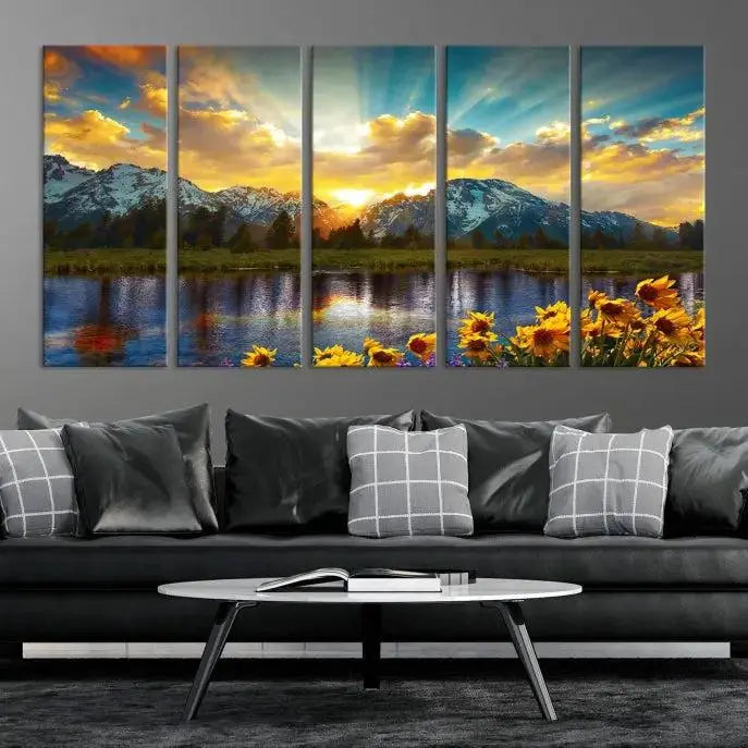 The living room showcases the Grand Teton Park Amazing Mountain Landscape Sunset Wall Art Canvas Print, presented on museum-quality canvases with a UV-protective coating.