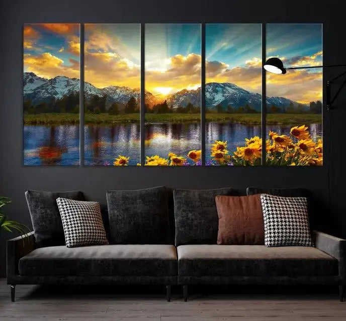 The living room showcases the Grand Teton Park Amazing Mountain Landscape Sunset Wall Art Canvas Print, presented on museum-quality canvases with a UV-protective coating.