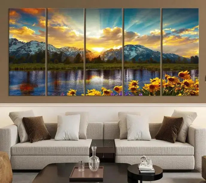 The living room showcases the Grand Teton Park Amazing Mountain Landscape Sunset Wall Art Canvas Print, presented on museum-quality canvases with a UV-protective coating.