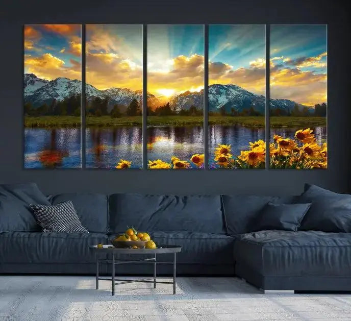 The living room showcases the Grand Teton Park Amazing Mountain Landscape Sunset Wall Art Canvas Print, presented on museum-quality canvases with a UV-protective coating.