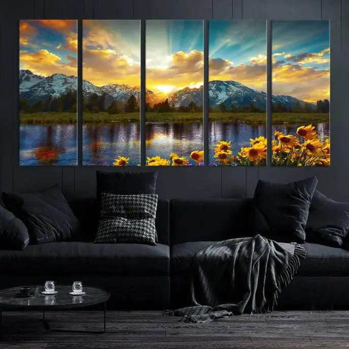 The living room showcases the Grand Teton Park Amazing Mountain Landscape Sunset Wall Art Canvas Print, presented on museum-quality canvases with a UV-protective coating.