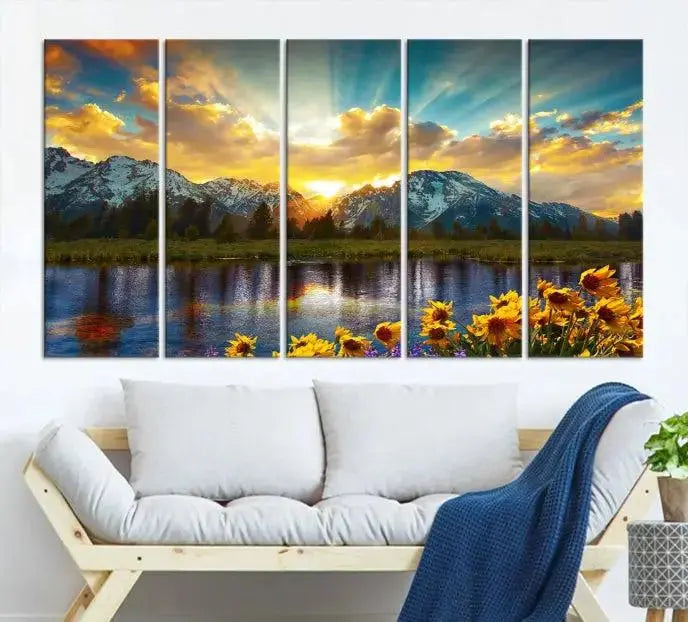 The living room showcases the Grand Teton Park Amazing Mountain Landscape Sunset Wall Art Canvas Print, presented on museum-quality canvases with a UV-protective coating.