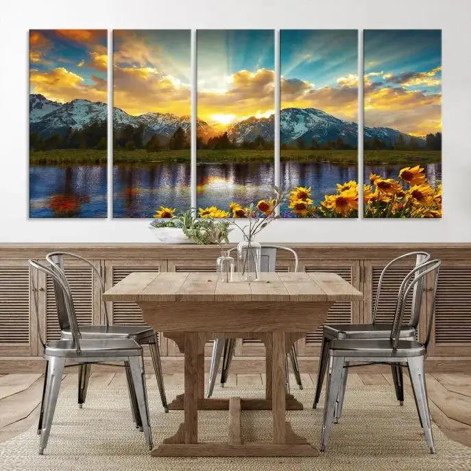 The living room showcases the Grand Teton Park Amazing Mountain Landscape Sunset Wall Art Canvas Print, presented on museum-quality canvases with a UV-protective coating.